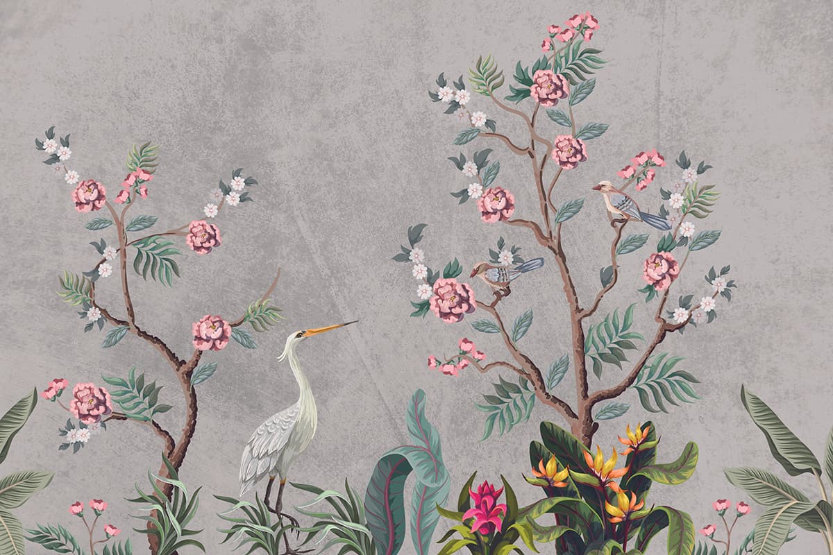 Birds & Flowers Nature-Inspired Elegant Wallpaper pattern detail