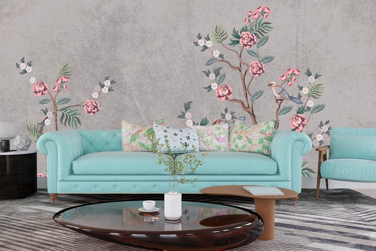 Birds & Flowers Nature-Inspired Elegant Wallpaper shown in a room
