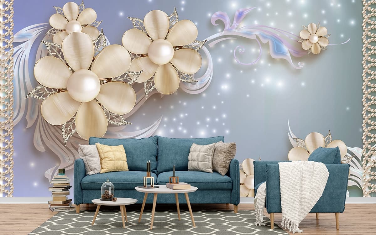 Sparkling Vintage Floral Art with 3D Depth Wallpaper shown in a room