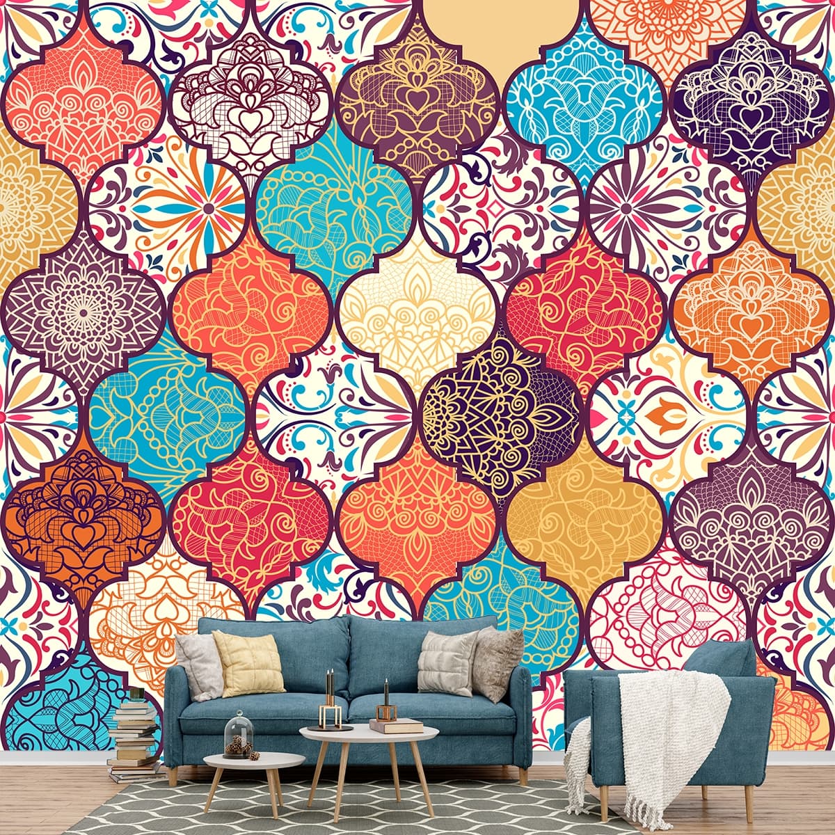 Vibrant Moroccan Tile Wallpaper shown in a room