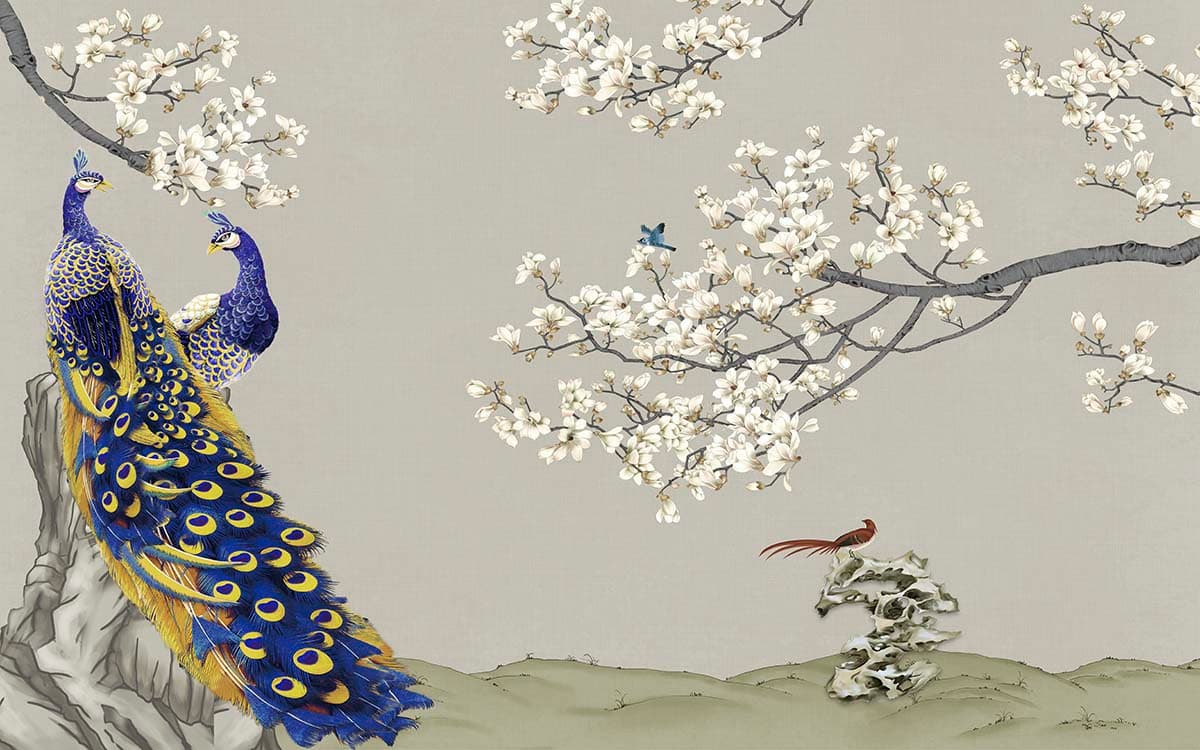 Flowers and Peacock Wallpaper pattern detail