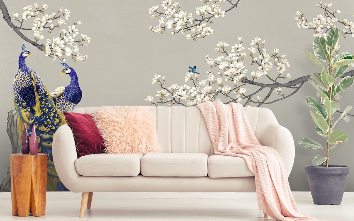 Flowers and Peacock Wallpaper shown in a room