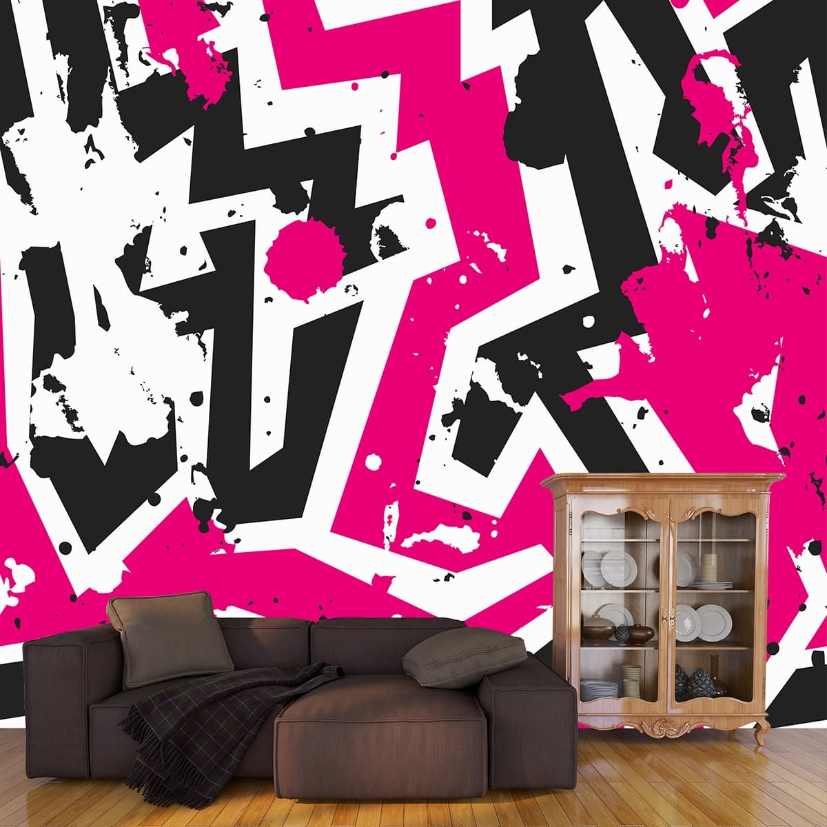A pink and black pattern shown in a room