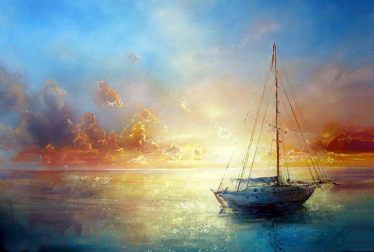 Sailboat in Water Scenic Ocean Wall Mural Wallpaper pattern detail