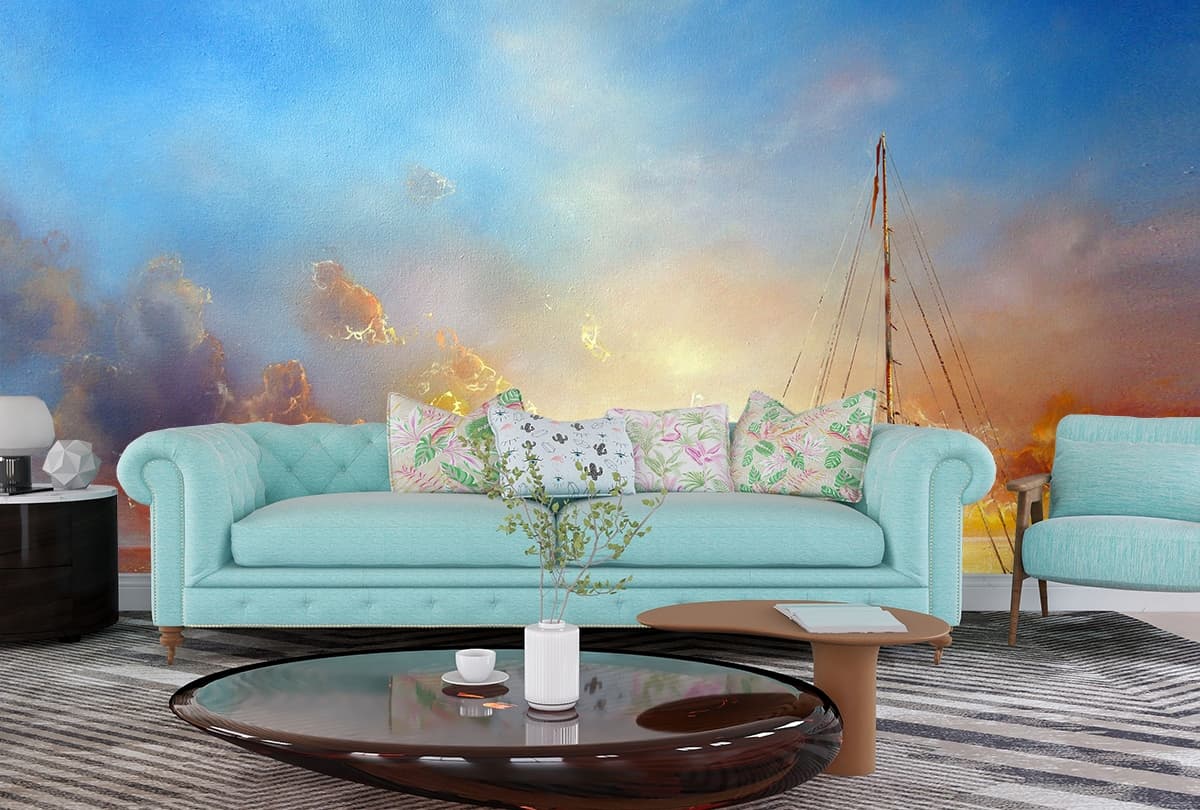 Sailboat in Water Scenic Ocean Wall Mural Wallpaper shown in a room