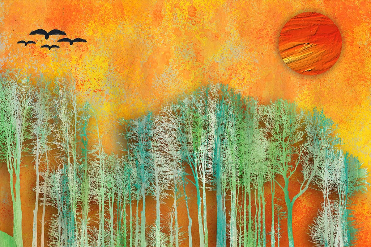 Trees and Birds Painting Nature Scene wallpaper pattern detail