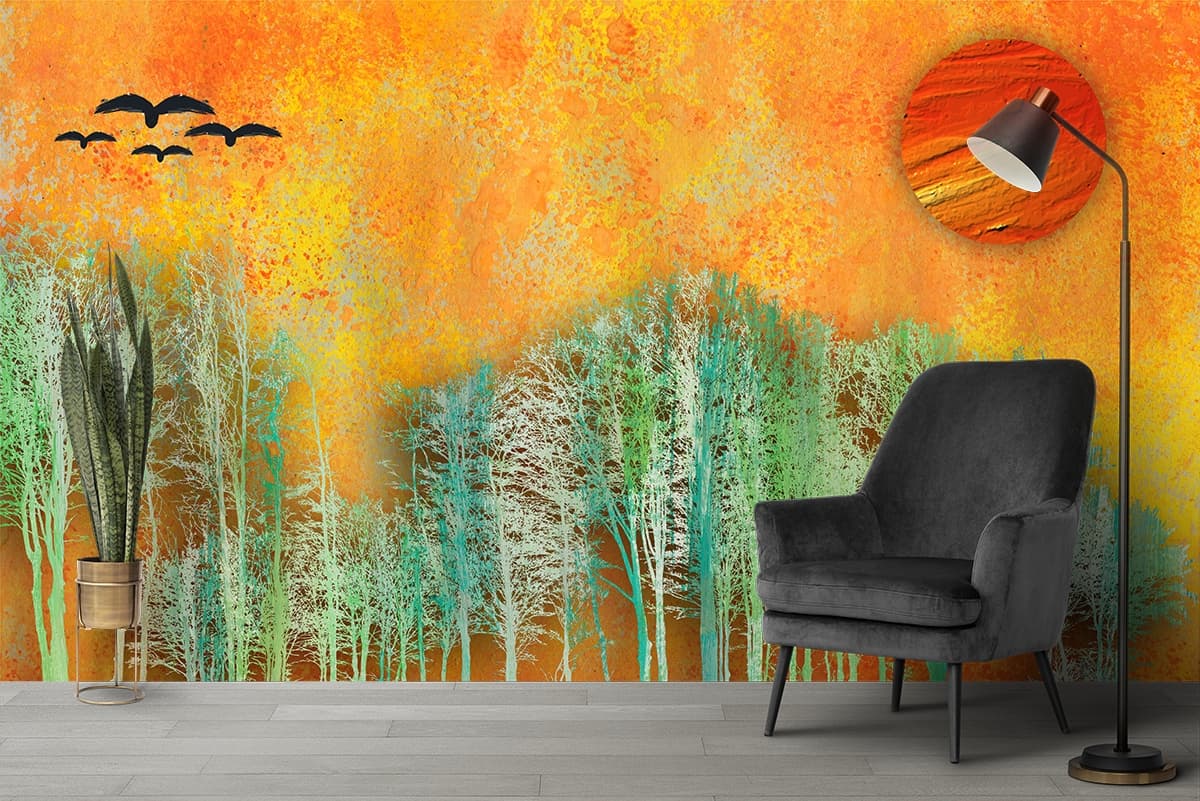 Trees and Birds Painting Nature Scene wallpaper shown in a room