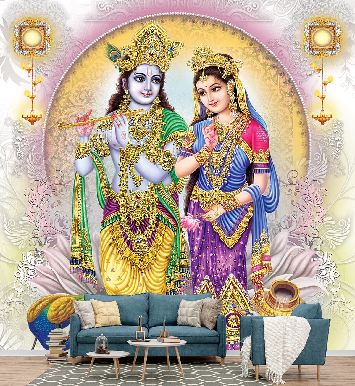 Divine Radha Krishna Wallpaper Mural shown in a room