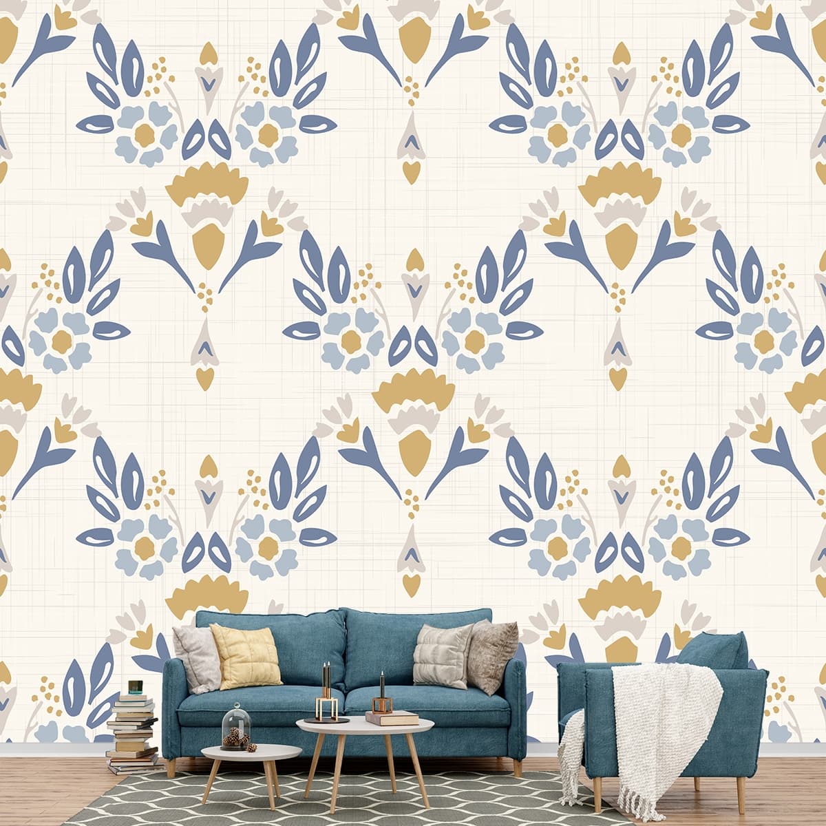A pattern of flowers and leaves on a white background shown in a room