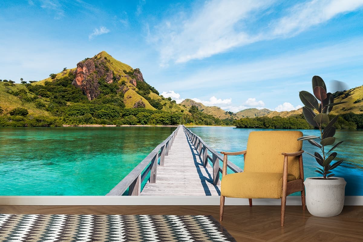 Wooden Dock Leading to Calm Water Wallpaper shown in a room