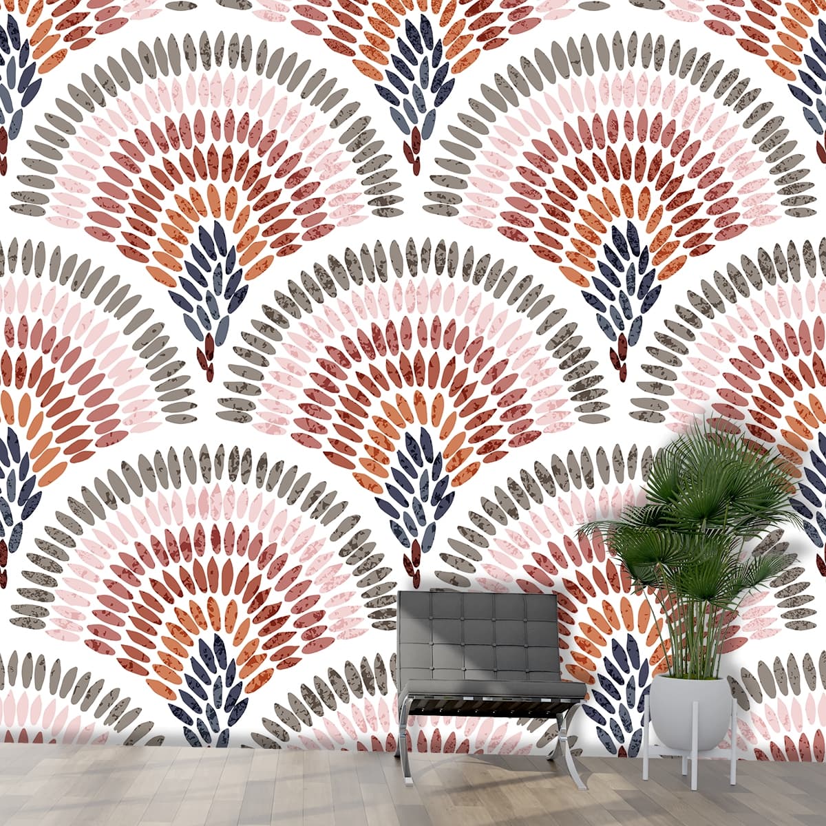 A pattern of colorful shapes shown in a room