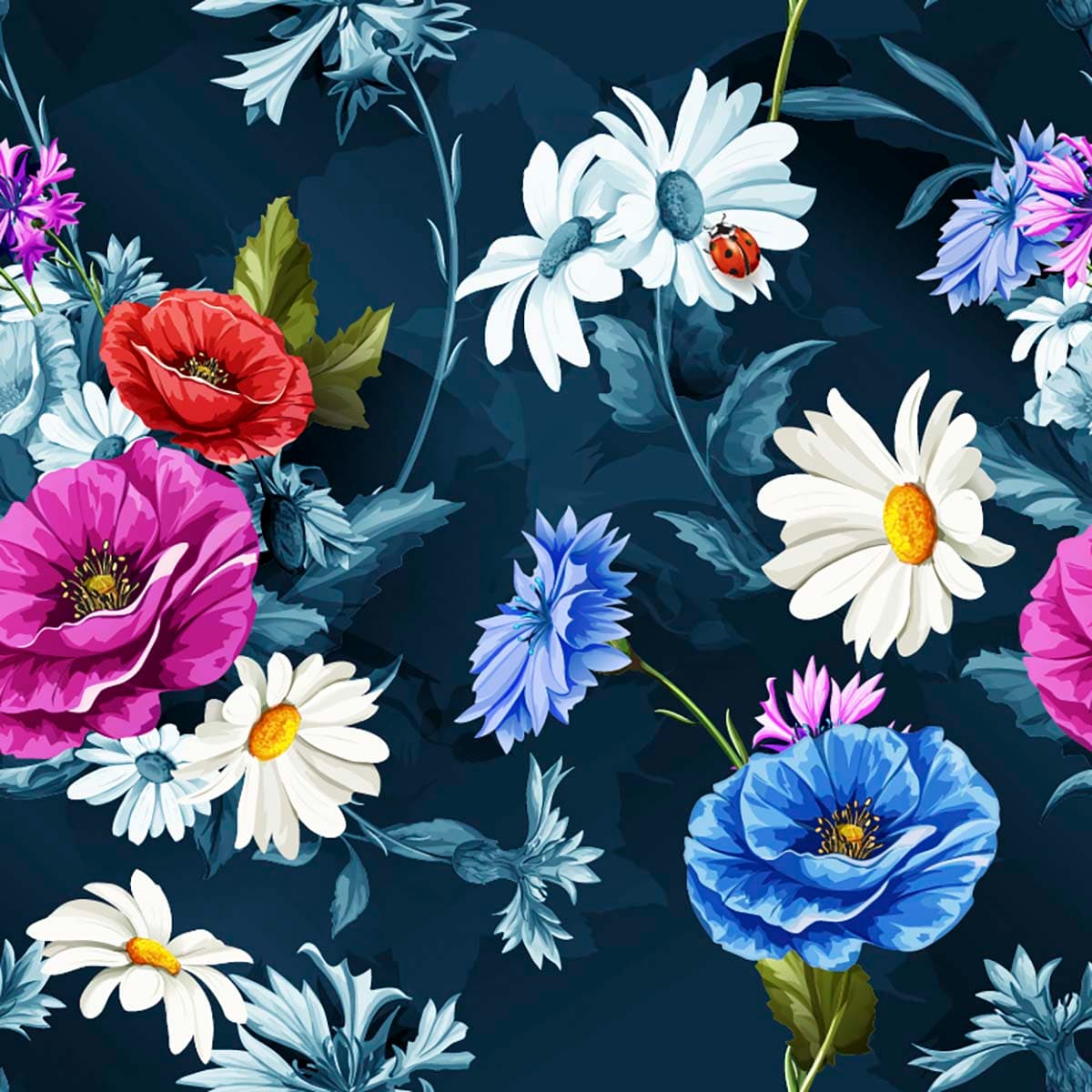 Colorful Flowers on Dark Background Elegant Floral Wallpaper pattern detail