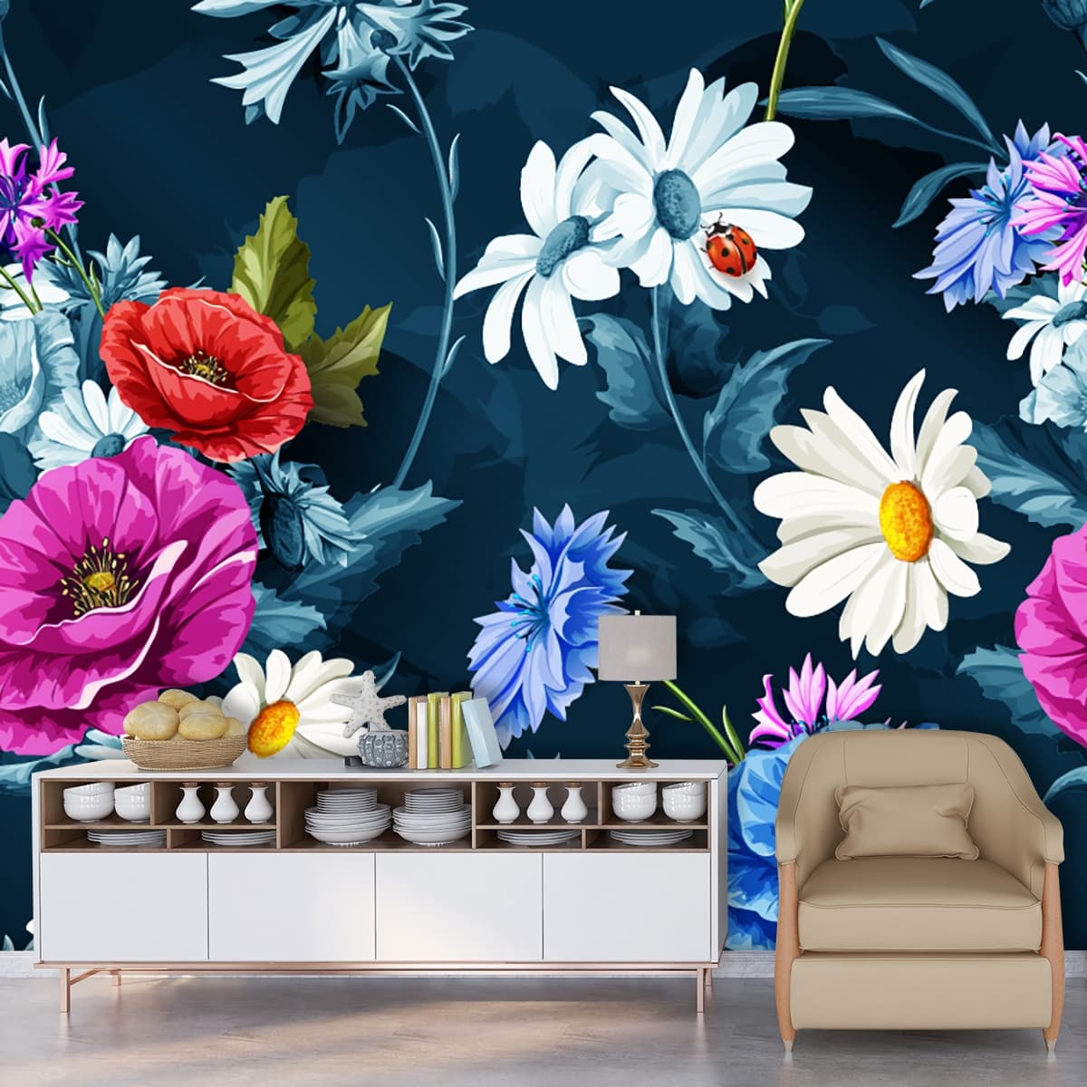 Colorful Flowers on Dark Background Elegant Floral Wallpaper shown in a room