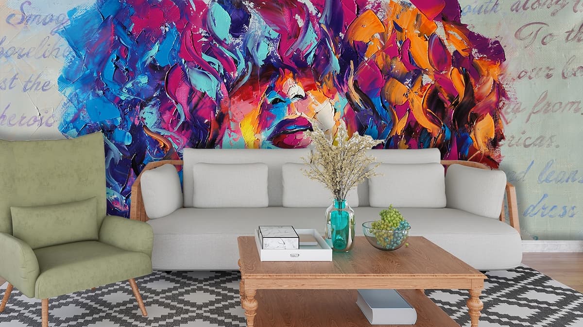 Colorful Hair Woman Abstract Art Painting Wallpaper shown in a room