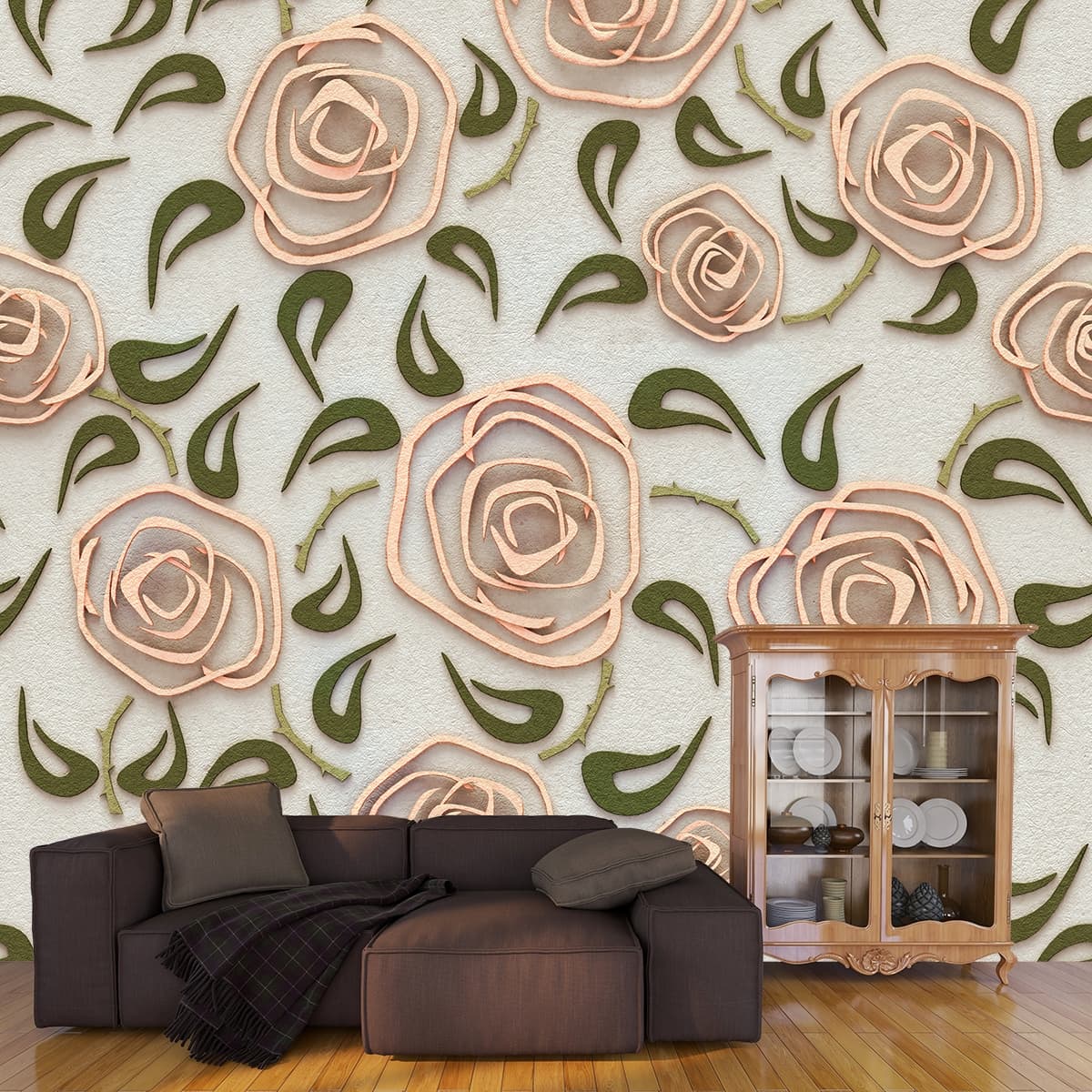 A Wallpaper Mural of Flowers in Geometric Pattern shown in a room