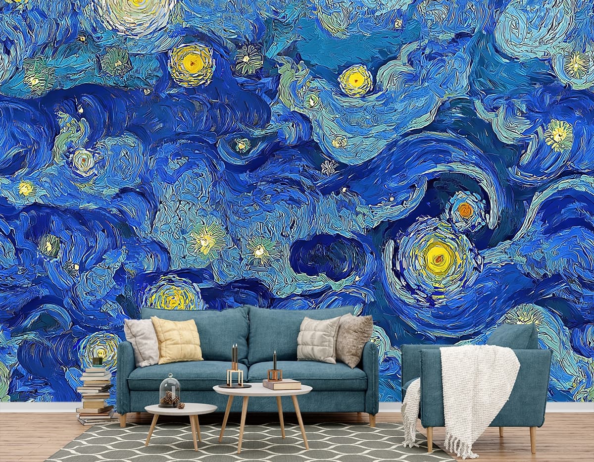Blue Color Art Wallpaper for Walls shown in a room