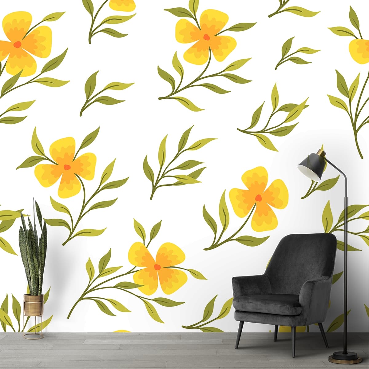 Nature-Inspired Yellow Flowers Green Leaves Wallpaper shown in a room
