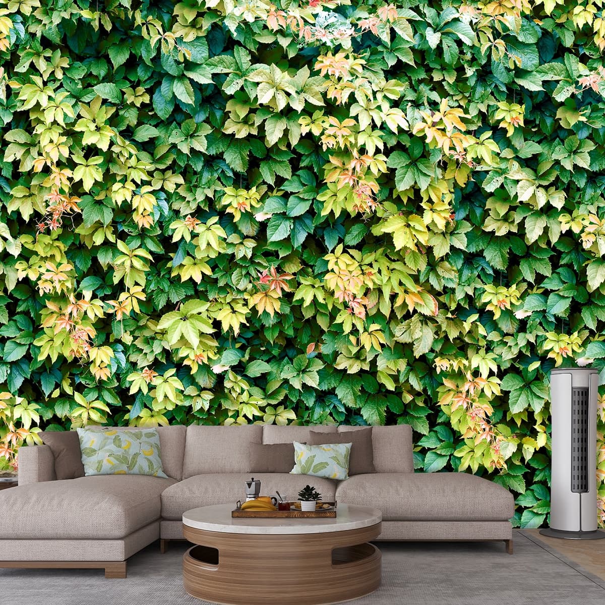Realistic Wall of Green Leaves Wallpaper shown in a room