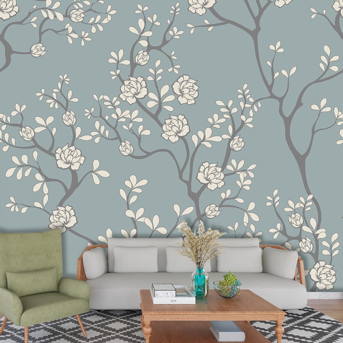 A pattern of white flowers on a blue background shown in a room