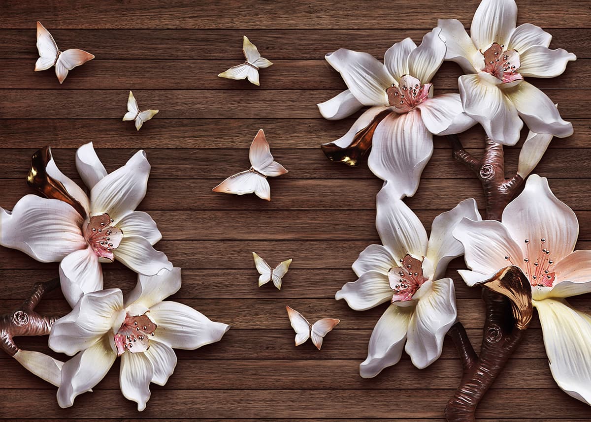 White Flowers and Butterflies on Wood Wall Mural Wallpaper pattern detail