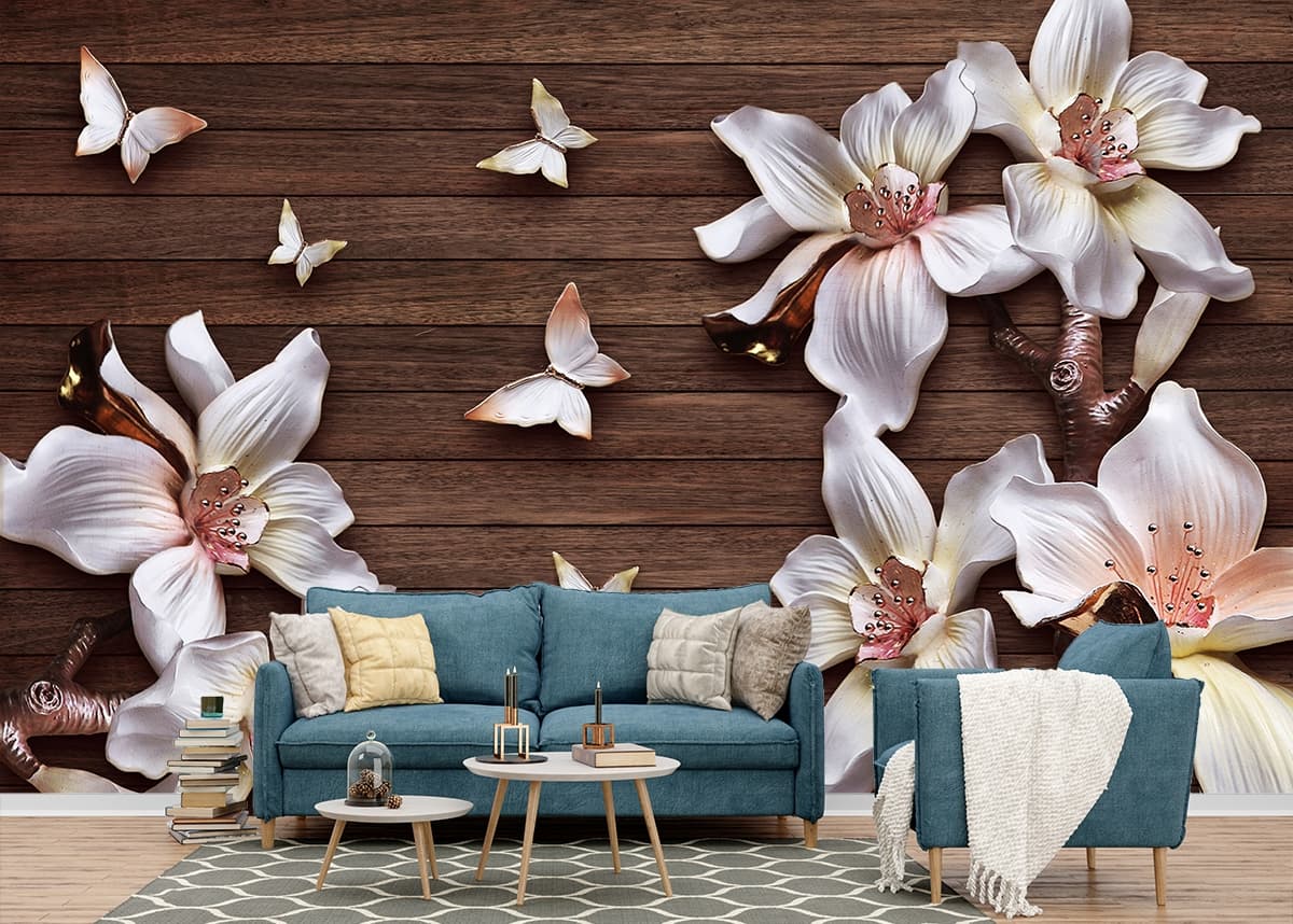 White Flowers and Butterflies on Wood Wall Mural Wallpaper shown in a room