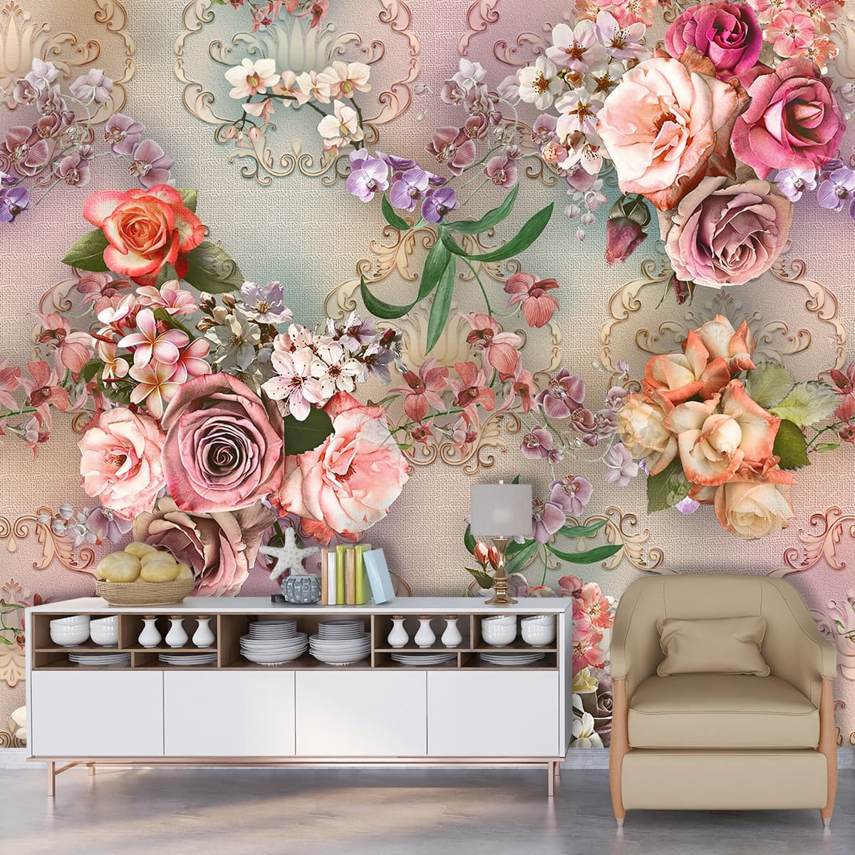 A Wallpaper of Floral Pattern with Colorful Flowers shown in a room