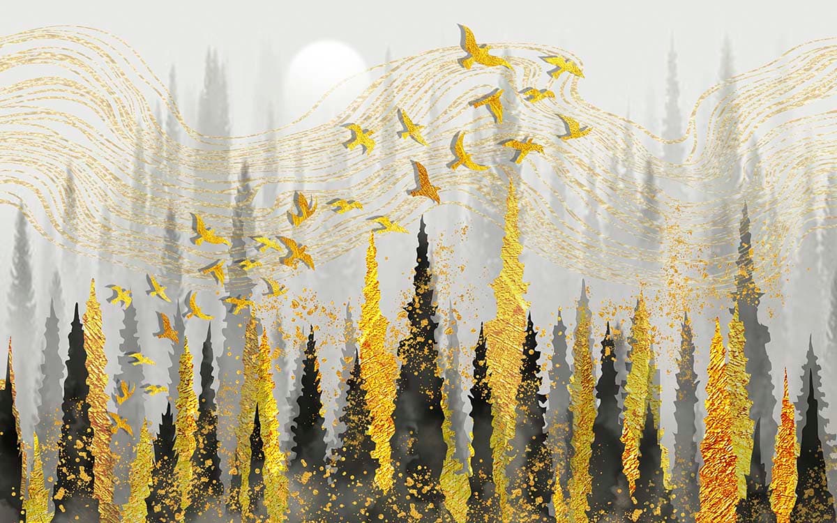 A group of birds flying in the sky over trees pattern detail