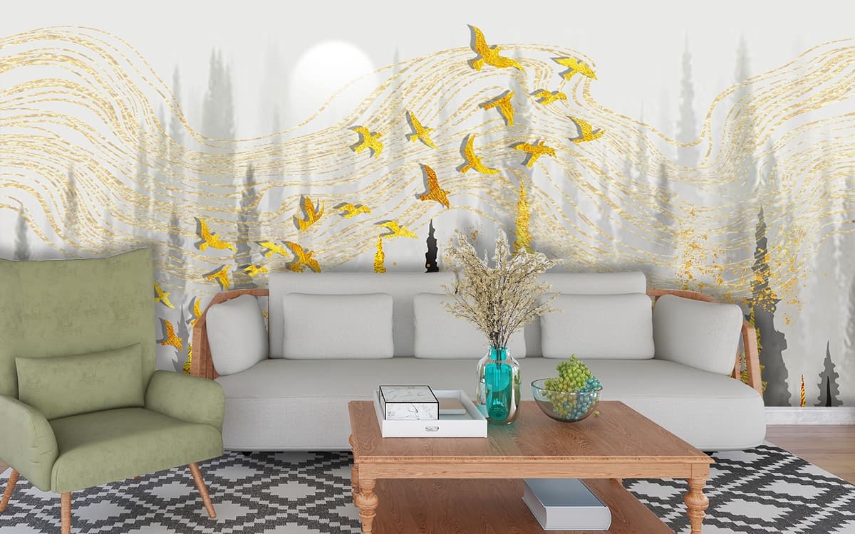 A group of birds flying in the sky over trees shown in a room