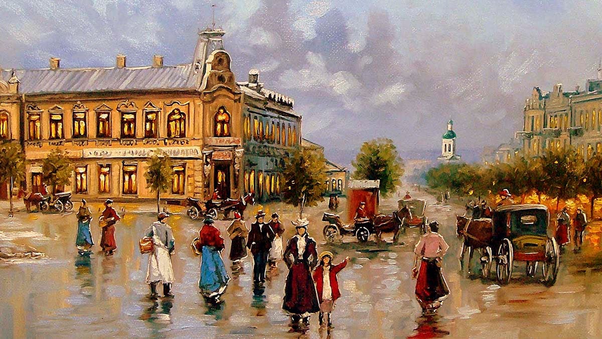 Vintage Street Painting with Walking People Wallpaper pattern detail