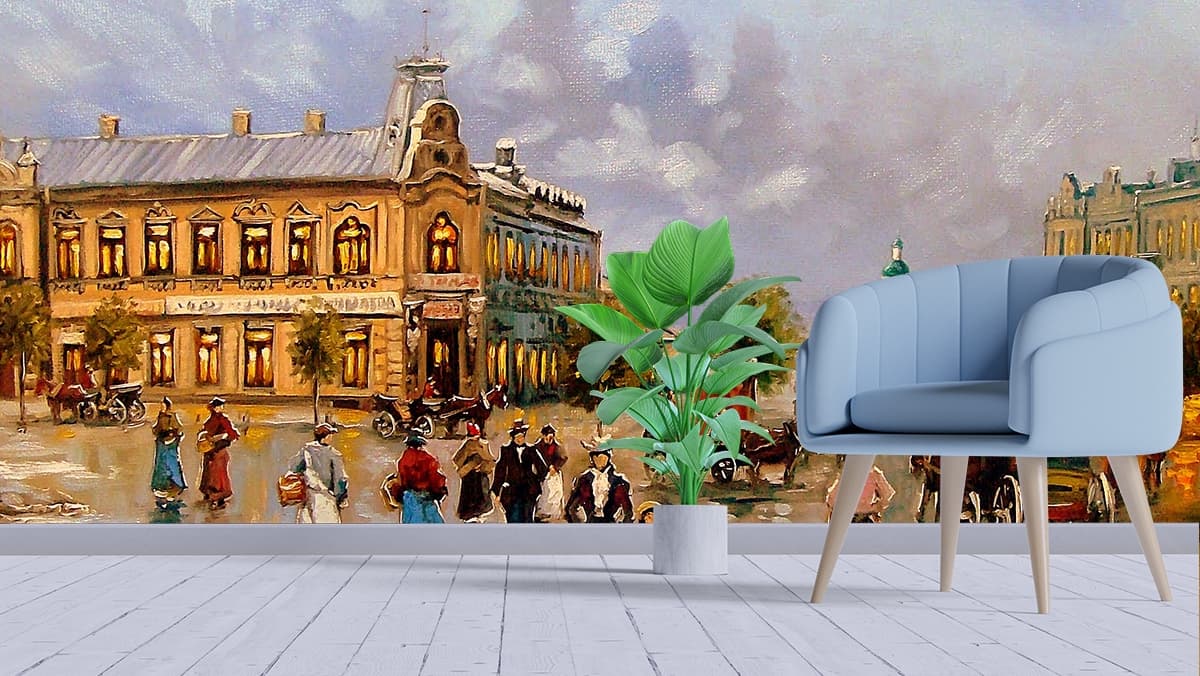 Vintage Street Painting with Walking People Wallpaper shown in a room
