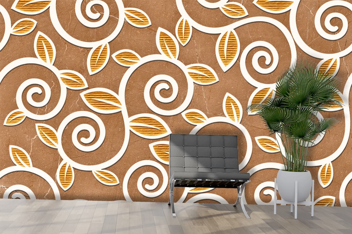 A pattern of leaves and swirls shown in a room