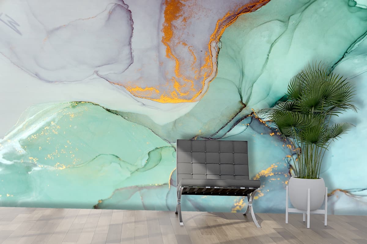 Teal Marble Golden Swirls Wallpaper for Wall shown in a room