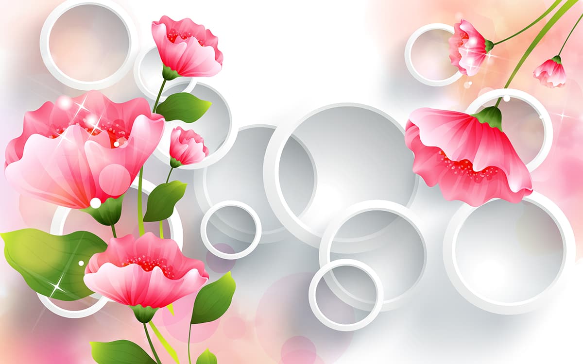 Elegant Pink Flowers and White Circles Pattern Wallpaper pattern detail