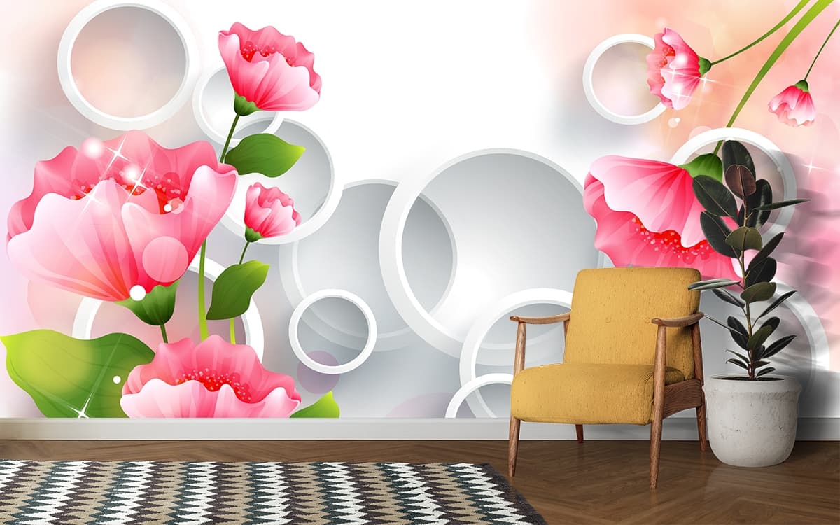 Elegant Pink Flowers and White Circles Pattern Wallpaper shown in a room