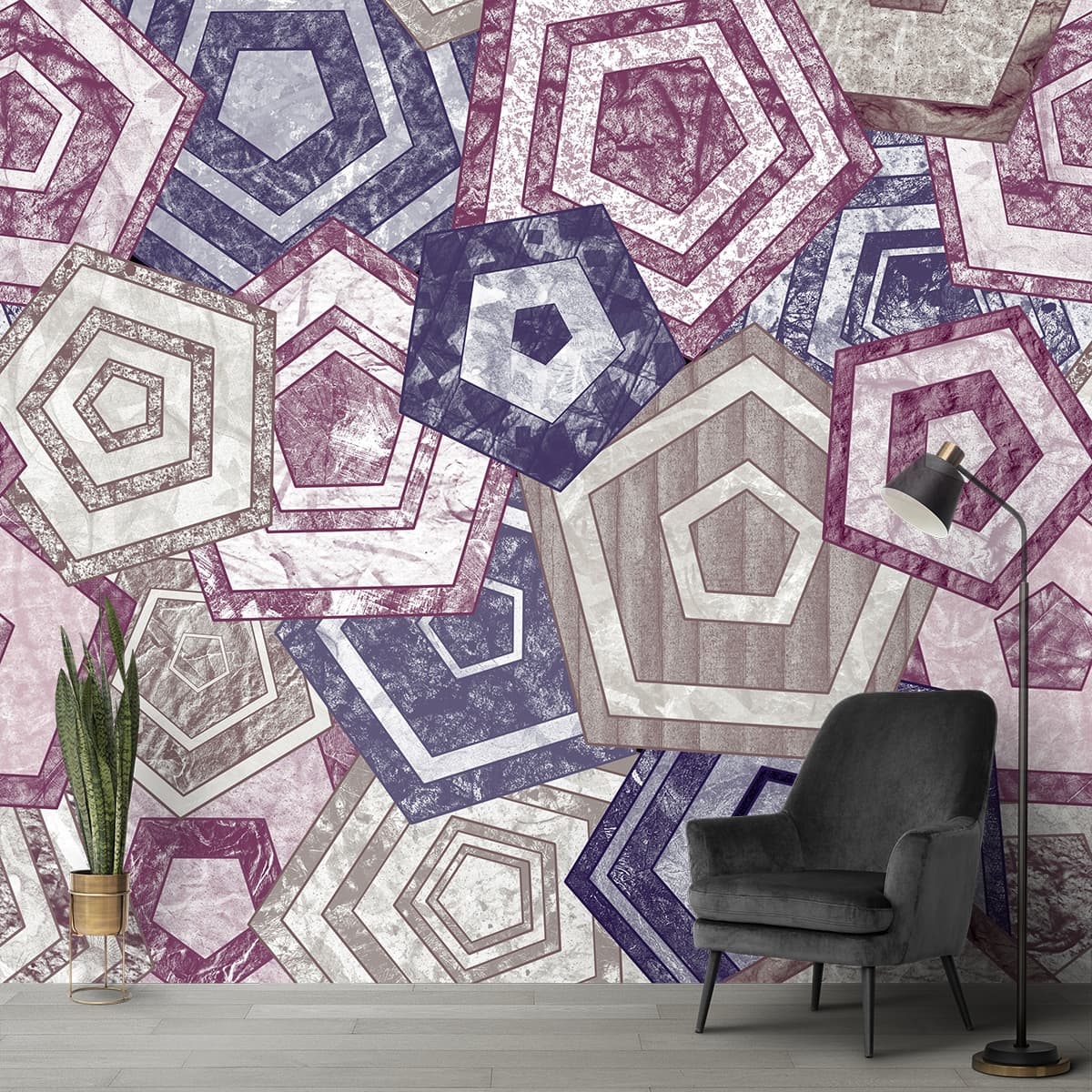 A Colorful Wallpaper with Geometric Patterns shown in a room