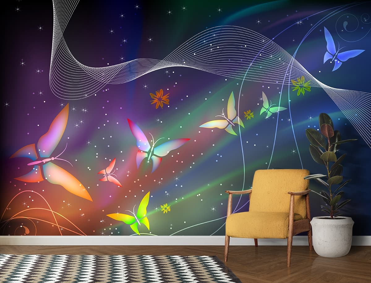 Elegant Butterflies and Flowers Sky Scene wallpaper shown in a room