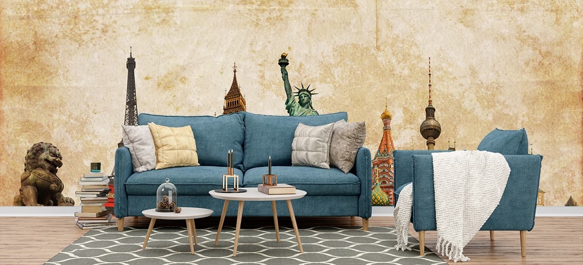 Classic Architecture Statue Liberty Clock Tower Wallpaper shown in a room