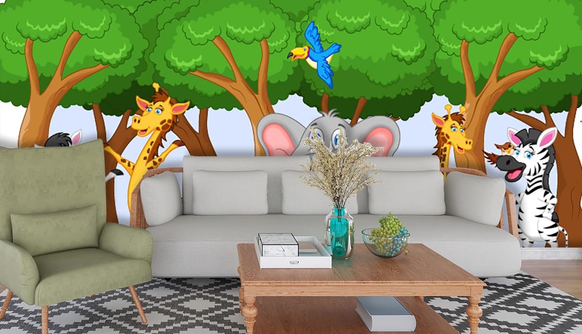 Playful Jungle Animals Nature Wallpaper shown in a room