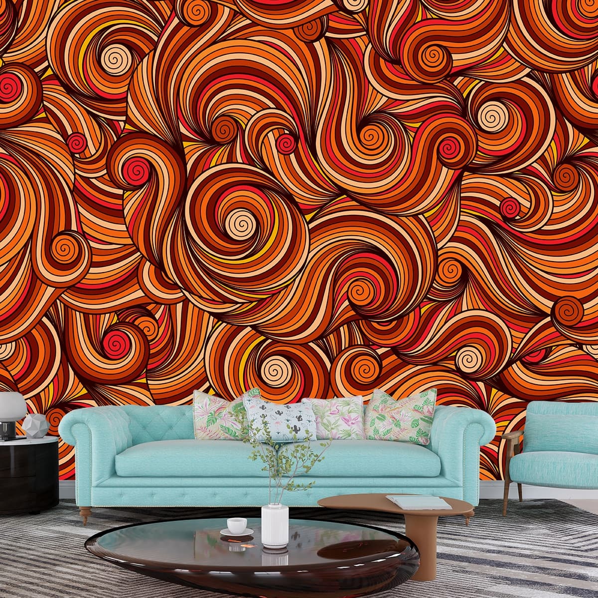 Decorative Swirls and Curls Mural Wallpaper shown in a room