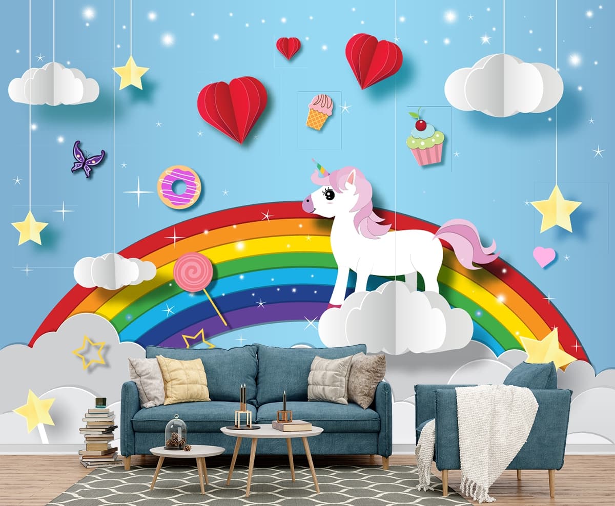 Cute Unicorn Cloudland Mural shown in a room