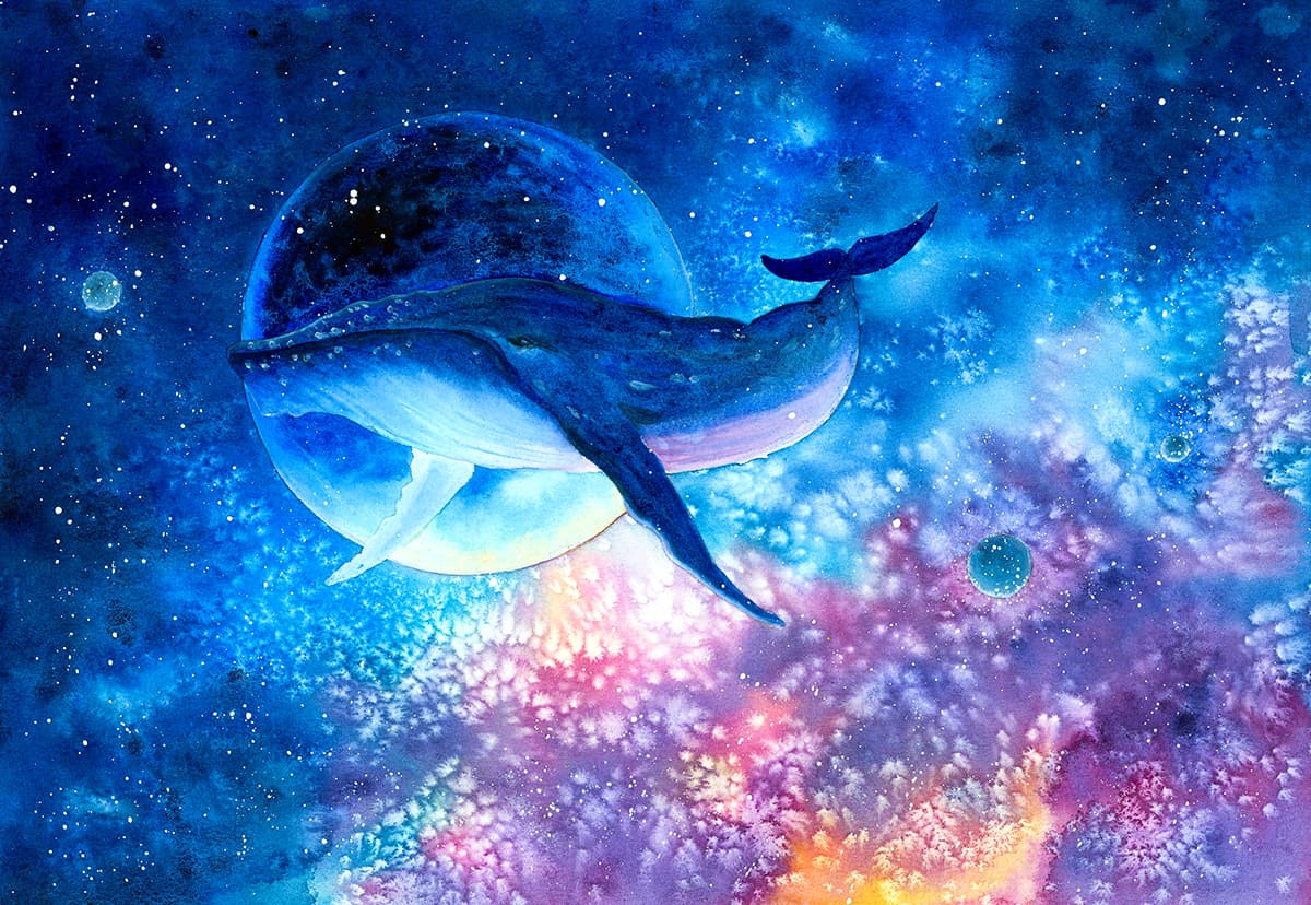 Artistic Whale in Space with Planet Wallpaper pattern detail