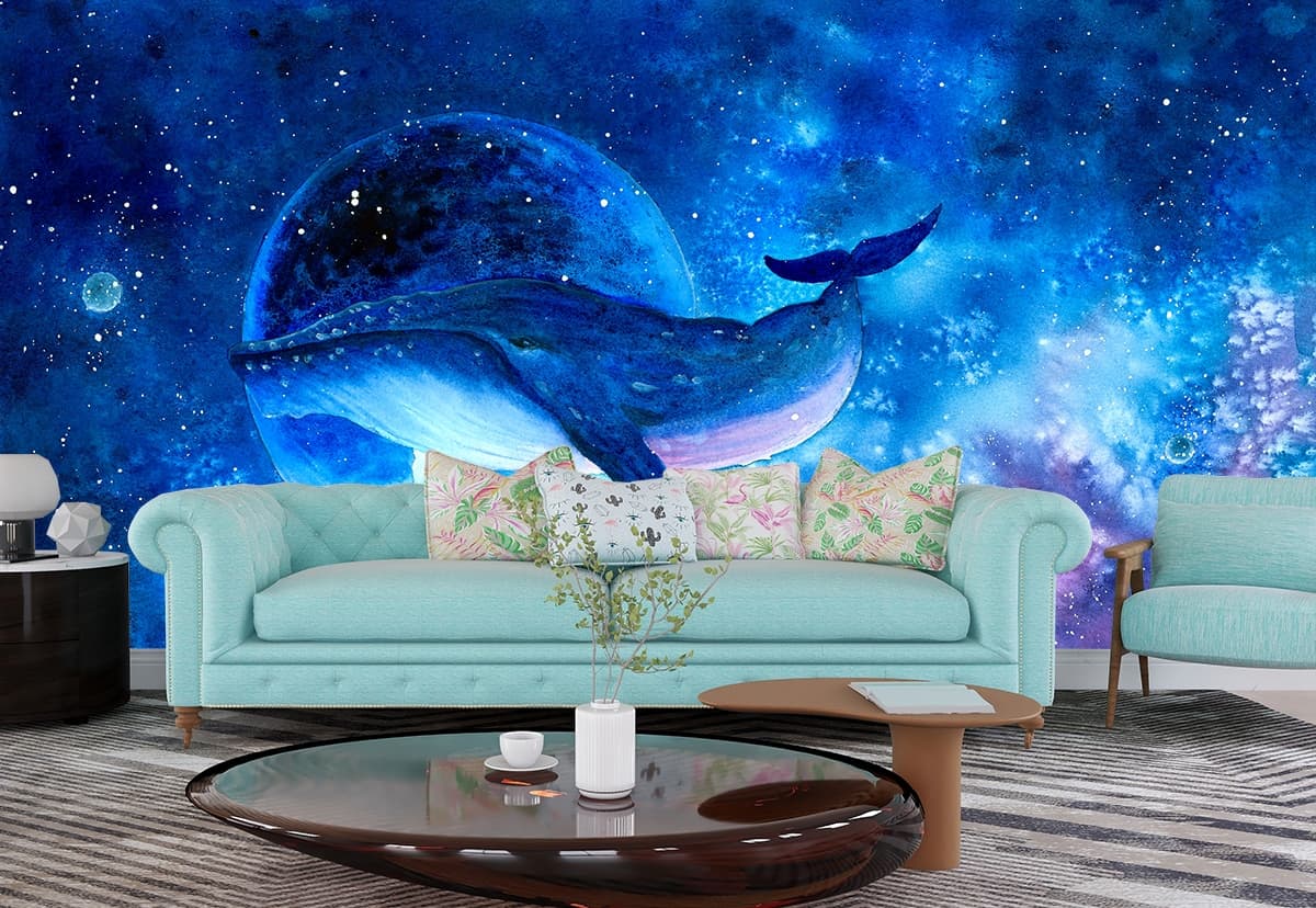 Artistic Whale in Space with Planet Wallpaper shown in a room