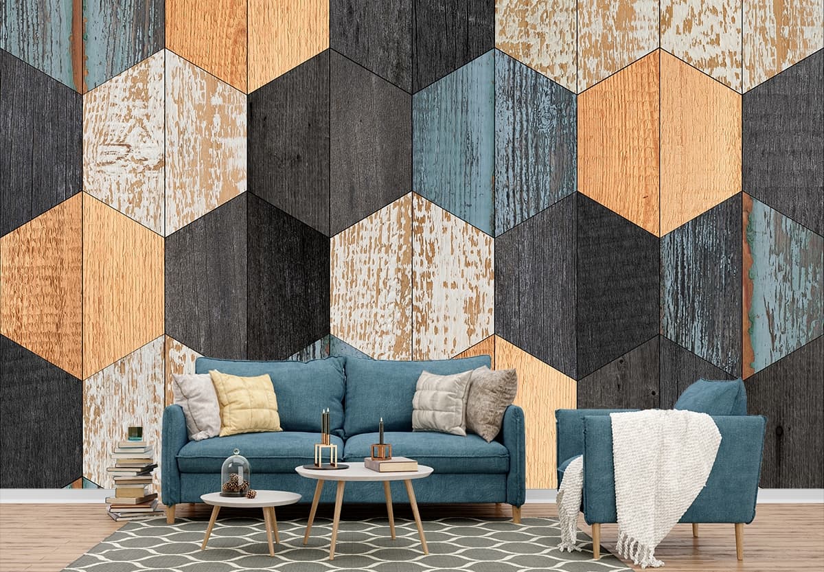 An Abstract Hexogen Pattern Wallpaper shown in a room