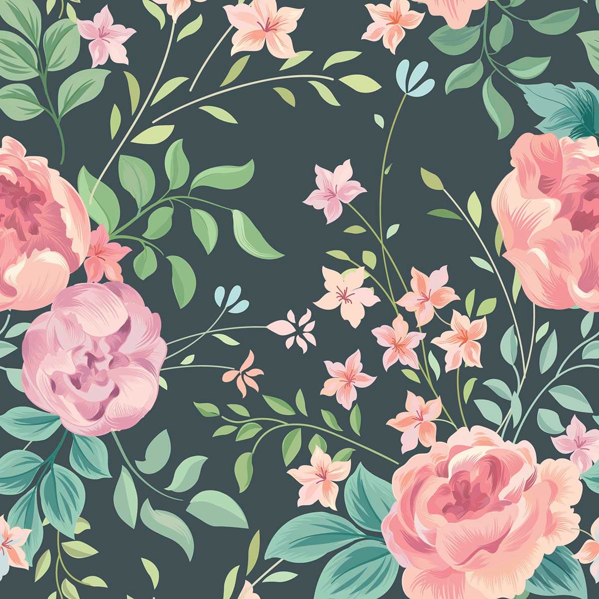 Elegant Pastel Rose Bloom on Dark Teal Background Mural pattern detail