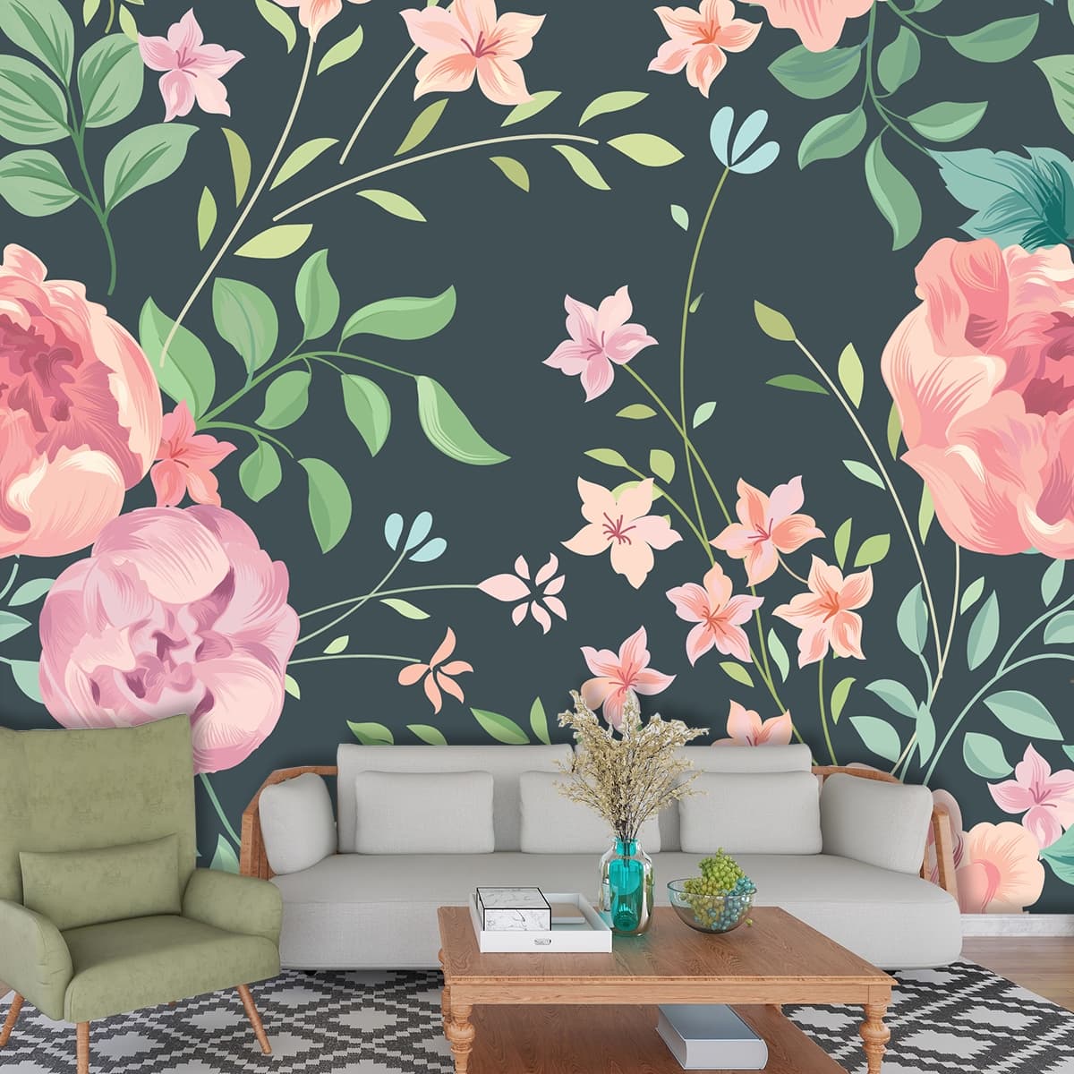 Elegant Pastel Rose Bloom on Dark Teal Background Mural shown in a room