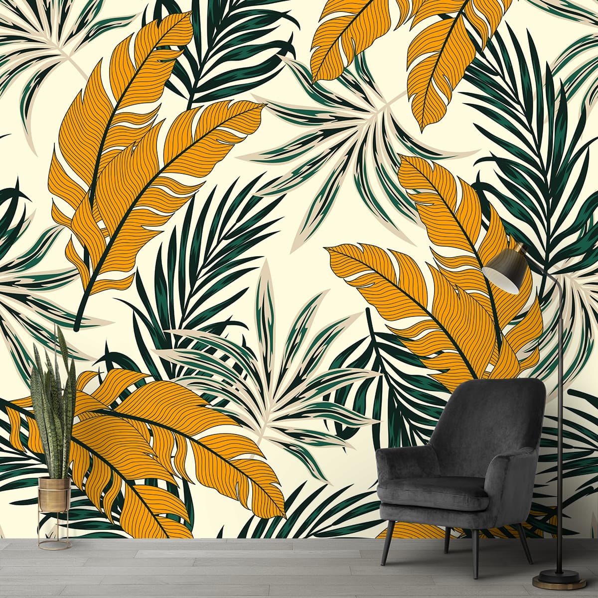 A Pattern of Leaves and Plants Wallpaper for Wall shown in a room