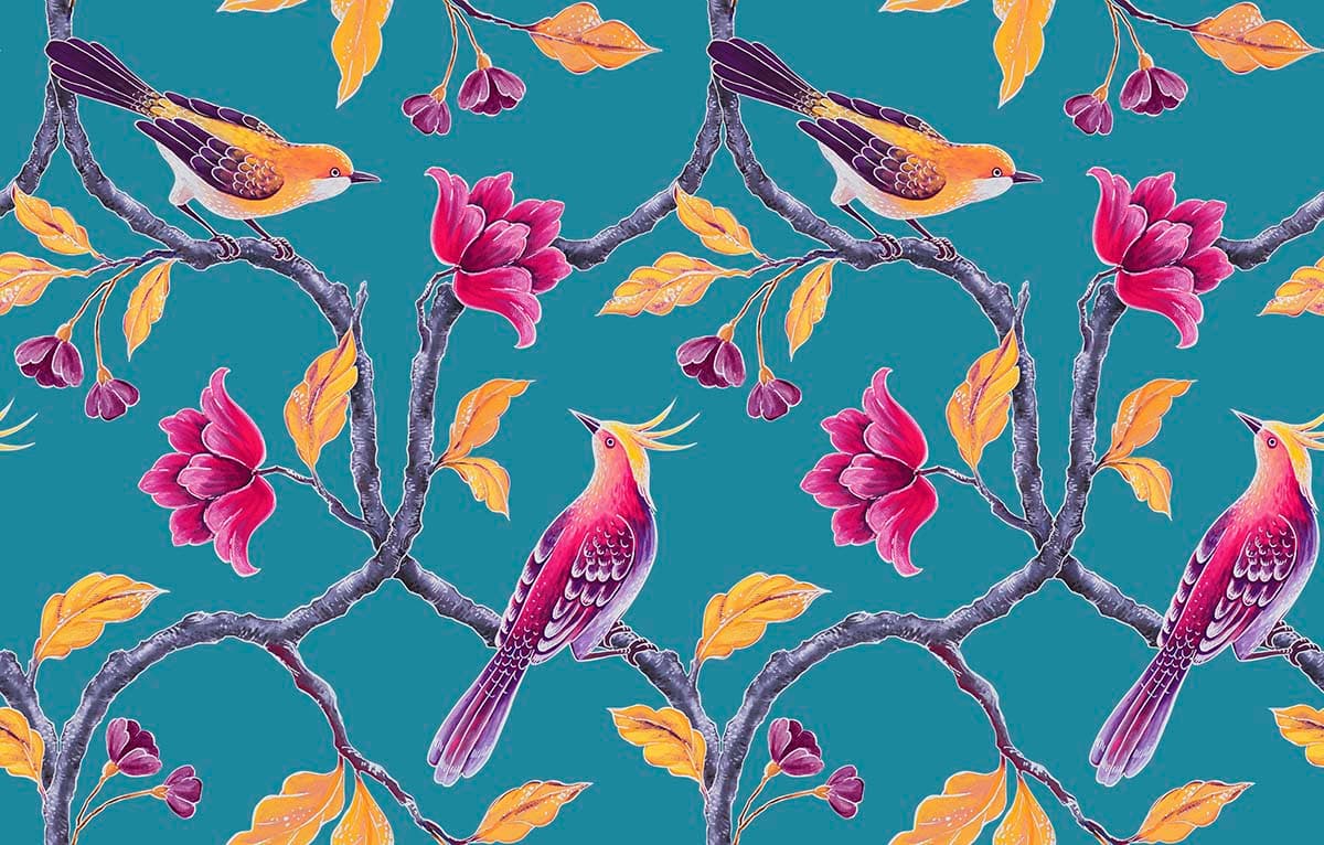 A colorful bird on a tree branch pattern detail