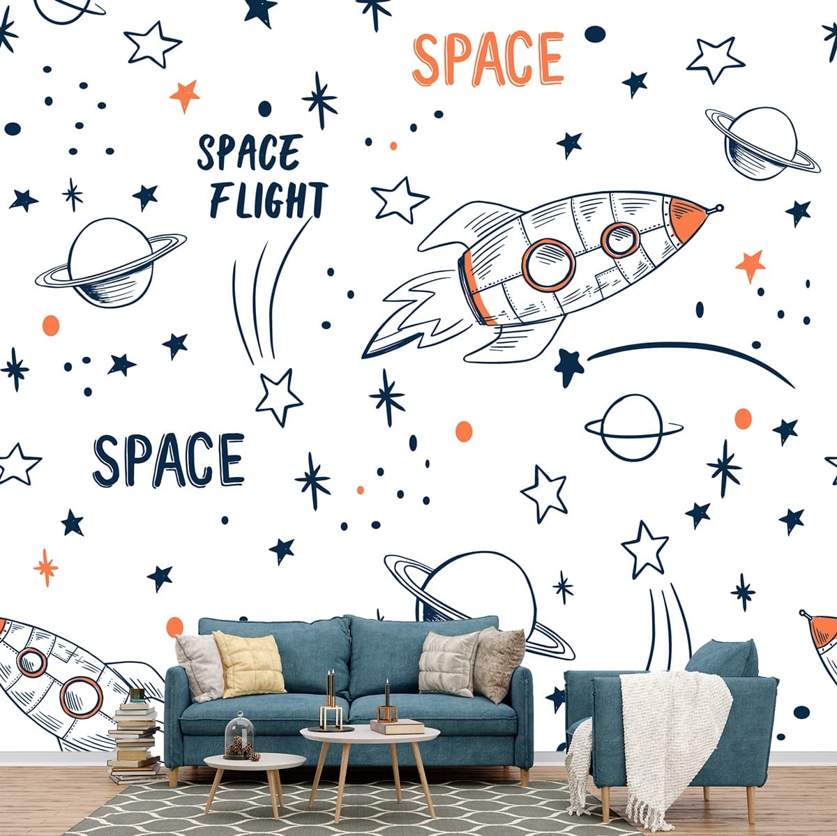Rockets and Planets Kids Wallpaper shown in a room