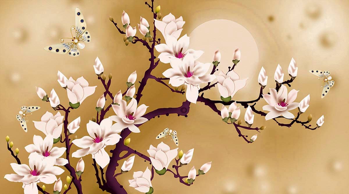 White Blossom Tree with Butterflies Soft Nature Wallpaper pattern detail