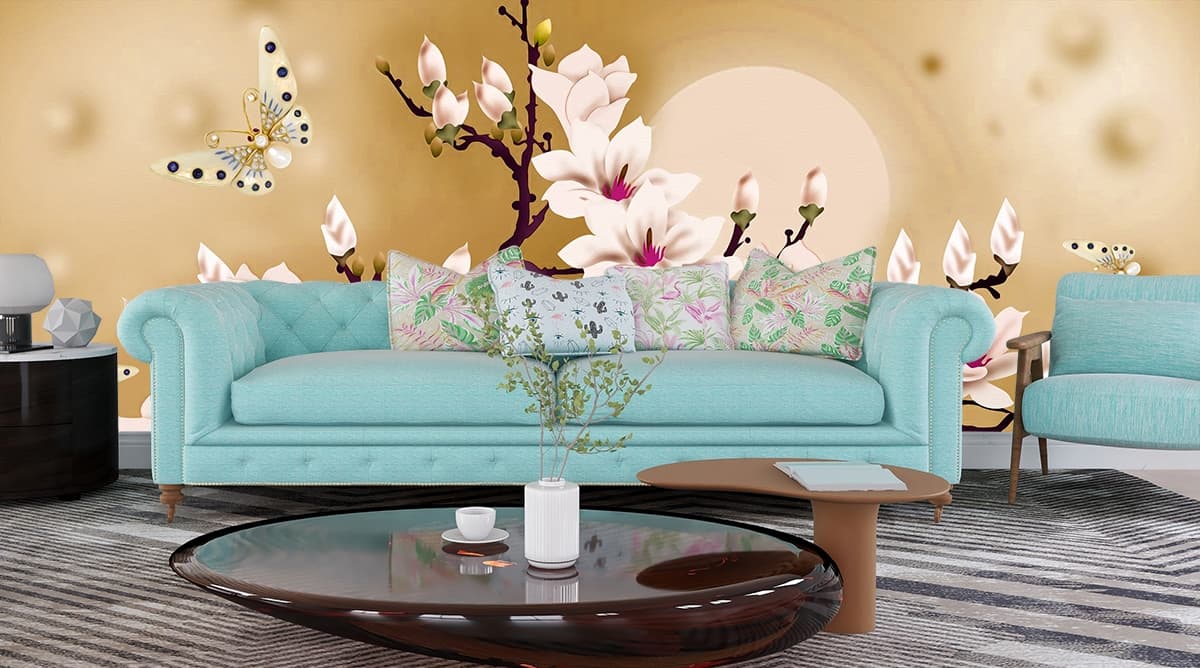 White Blossom Tree with Butterflies Soft Nature Wallpaper shown in a room